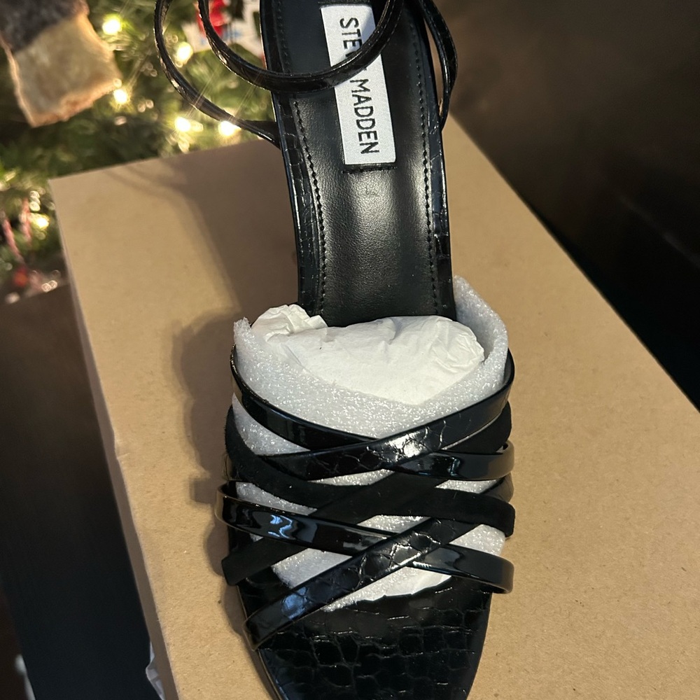 Steve Madden Glossy Black Strappy Heels